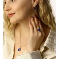 Гарнитур 3 предмета: серьги, кулон, кольцо безразмерное &laquo;Эдель&raquo;, капля, синие в золоте, 45 см