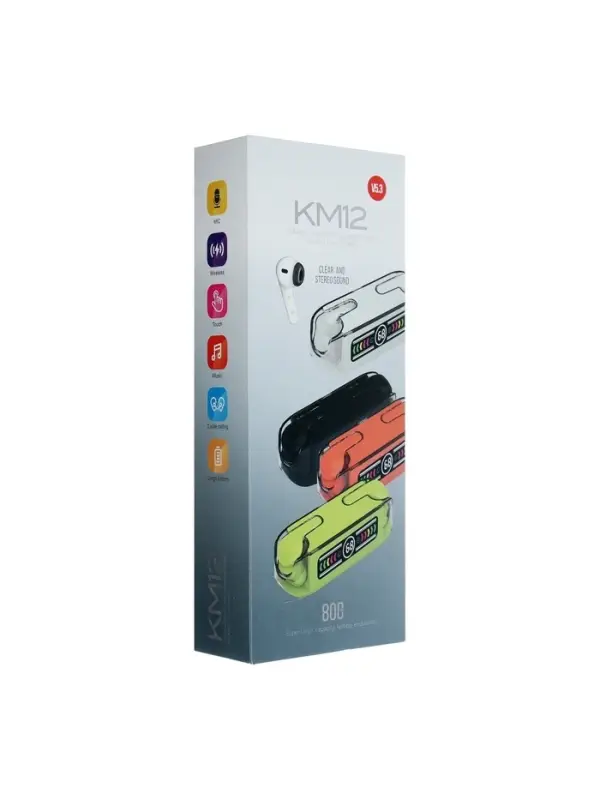 Наушники беспроводные KM12, TWS, вкладыши, Bluetooth 5.0, 30/200 мАч, чёрные в прозрачном кейсе