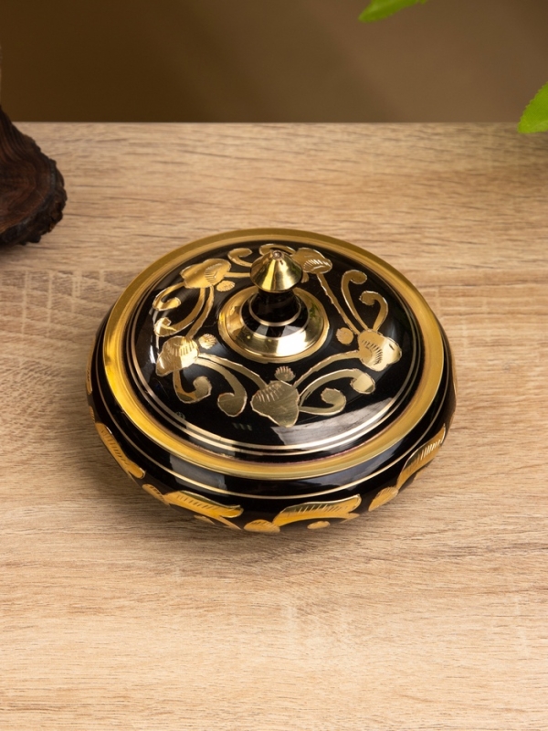 Сахарница круглая "Золотая с черными узорами" латунь 11х11х8 см