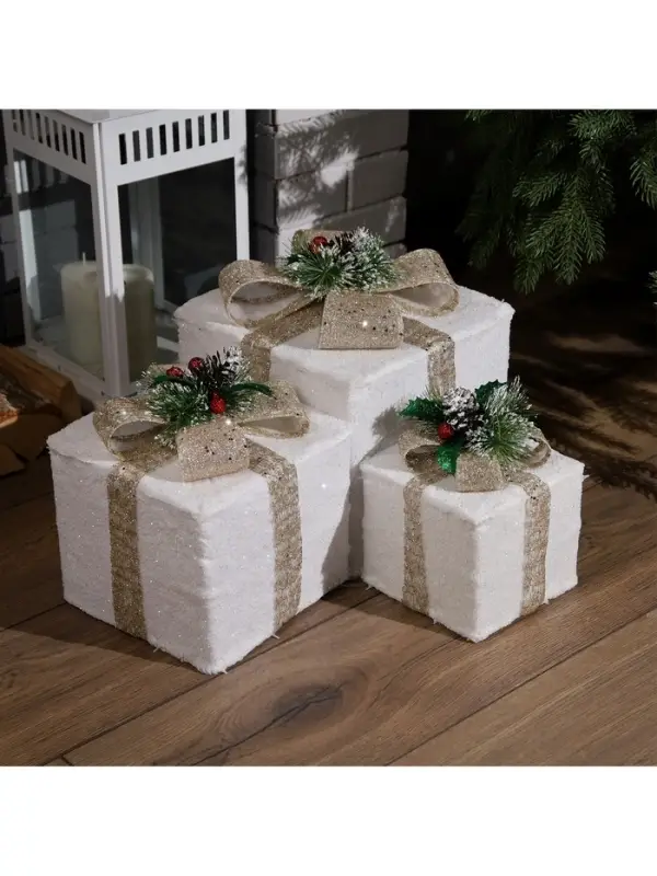 Светодиодная фигура &laquo;Подарки с бежевой лентой&raquo; 15, 20, 25 см, текстиль, металл, 220 В, свечение тёплое белое