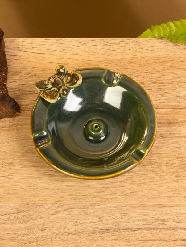 Подставка под благовония  Подставка под благовония "Тарелка с бабочкой" керамика, цв. зелёный, 10х10х3 см