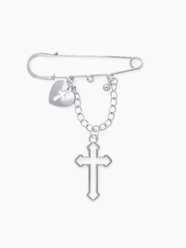 Булавка «Крест» и сердце, цвет серебро