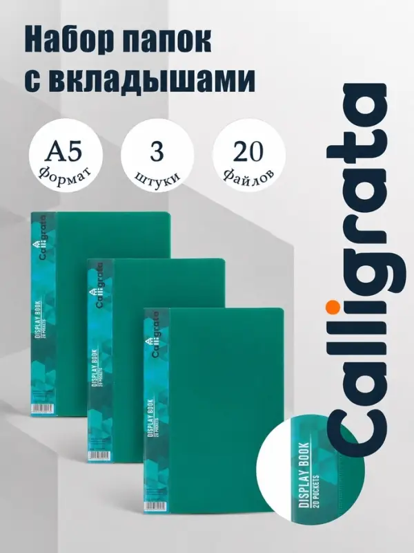 Набор папок А5, 20 вкладышей, Calligrata, карман на корешке, зеленые, 3 штуки