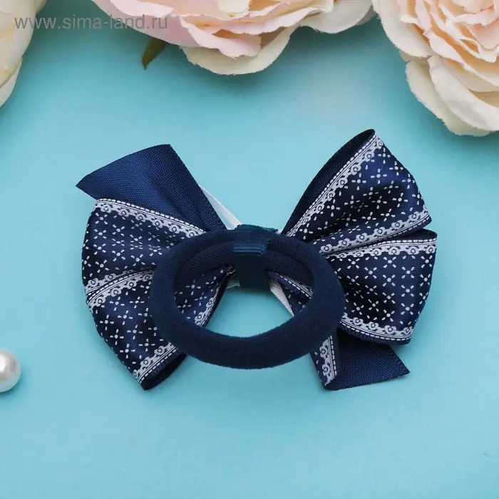 Резинка для волос «Школьница», бант мелкий узор, 8 см, бело-синяя