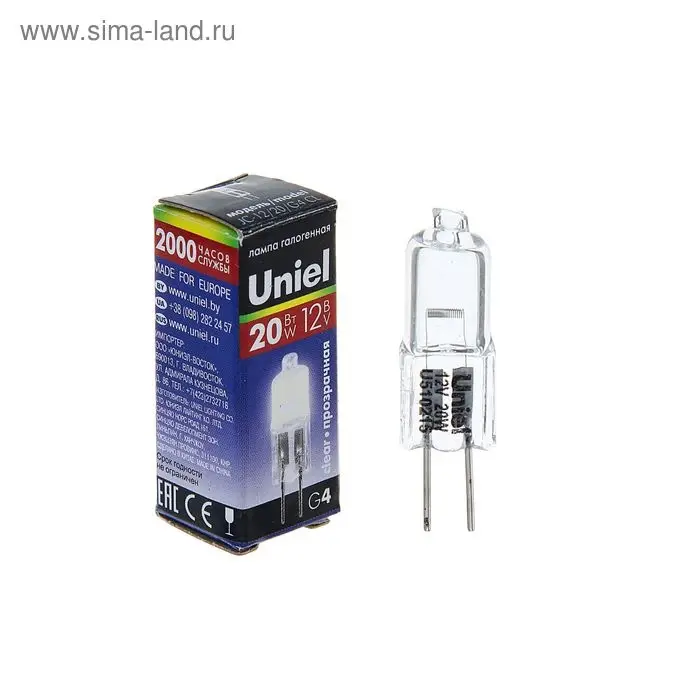 Лампа галогенная Uniel, G4, 20 Вт, 12 В, прозрачная