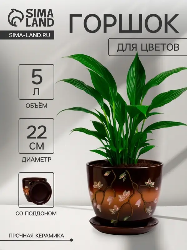 Горшок цветочный &laquo;Миндаль&raquo;, 5 л, d=22 см, h=22 см, керамический, с поддоном, коричневый