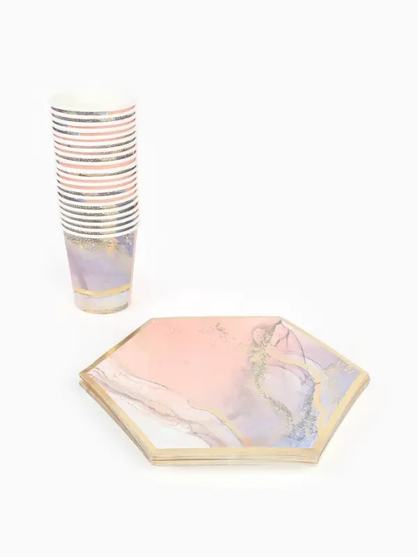 Набор посуды для праздника на 20 персон, мрамор розовый (тарелки 23 см, стакан 250 мл)