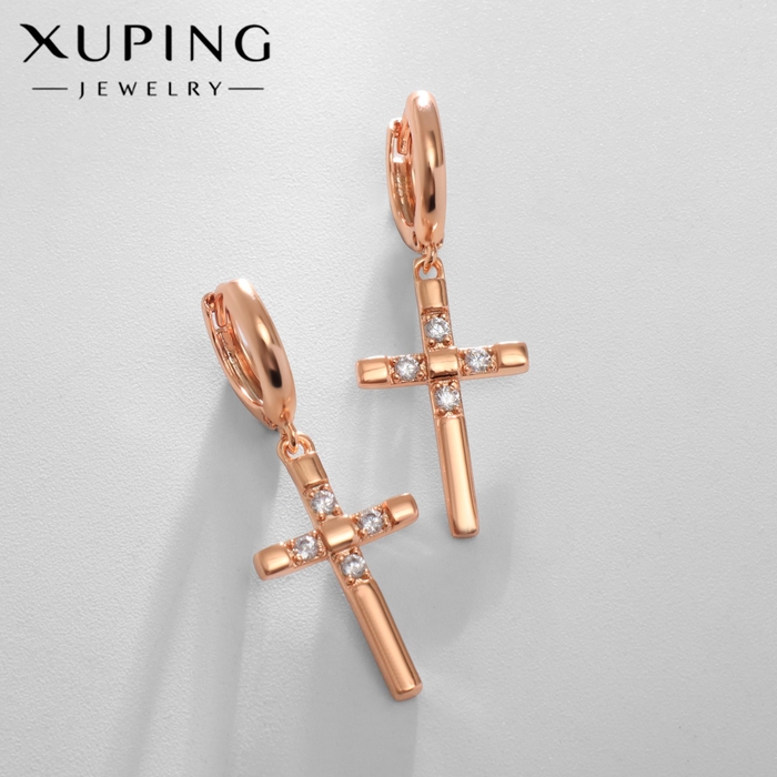 Серьги со стразами XUPING крест притягательность, цвет белый в розовом золоте Серьги со стразами XUPING крест притягательность, цвет белый в розовом золоте
