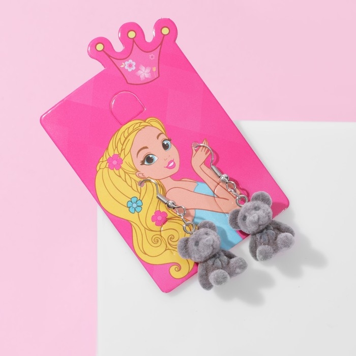 Серьги детские «Выбражулька» медвежонок, цвет серый в серебре Серьги детские «Выбражулька» медвежонок, цвет серый в серебре