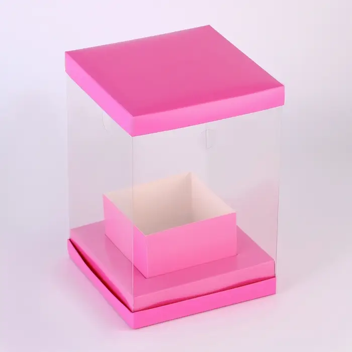 Коробка для цветов с вазой и PVC окнами складная, 16&times;23&times;16 см, однотонный, розовый