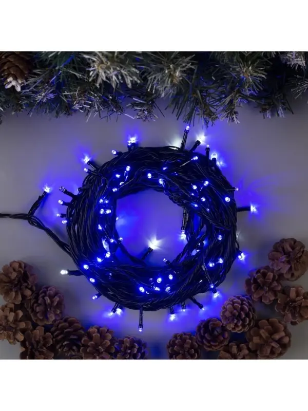 Гирлянда &laquo;Нить&raquo; 10 м, IP44, УМС, тёмная нить, 100 LED, свечение синее, мерцание белым, 220 В