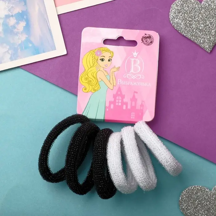 Резинка для волос "Махрушка спорт" (набор 6 шт) блеск классика, 4,5 см, чёрный белый