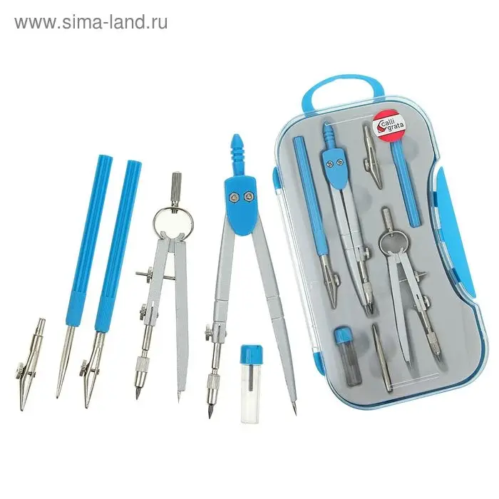 Готовальня Calligrata, 7 предметов (2 циркуля: 130 мм, 105 мм, 2 рейсфедера, 2 удлинителя, грифель, центрик), в пластиковом пенале