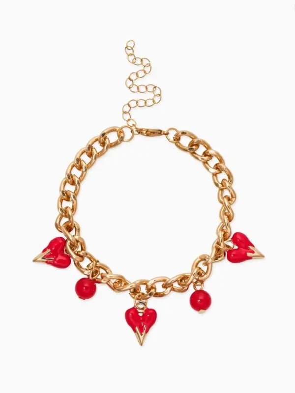 Браслет "Вишневый рай" на цепи, сердечки, цвет красный в золоте