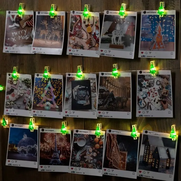 Гирлянда &laquo;Нить&raquo; 2 м роса с насадками &laquo;Прищепки-ёлочки&raquo;, IP20, серебристая нить, 20 LED, батарейки ААх2 (не в комплекте), свечение тёплое белое