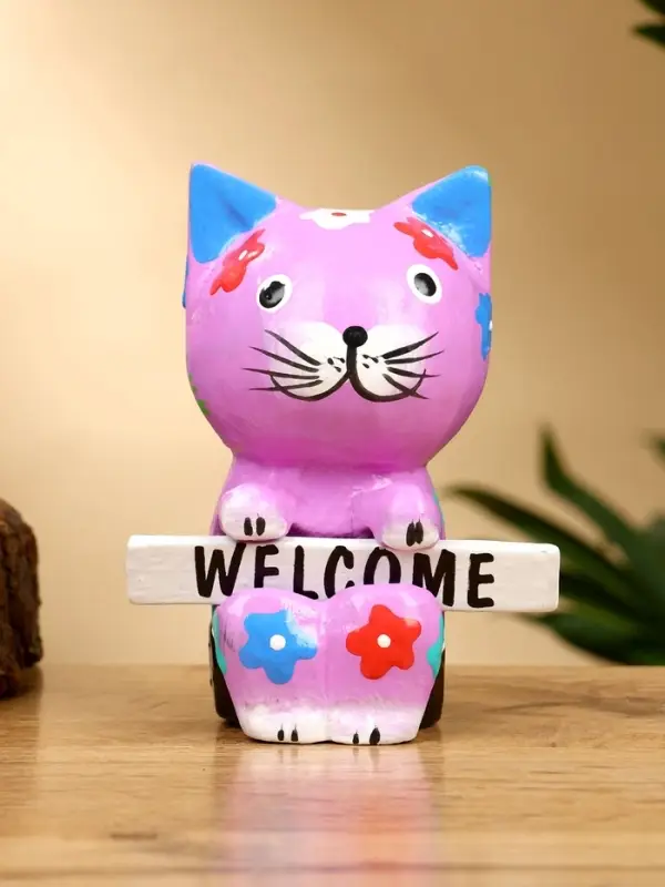 Сувенир  Сувенир "Кот с табличкой WELCOME" дерево 8х5х10 см, цв. сиреневый
