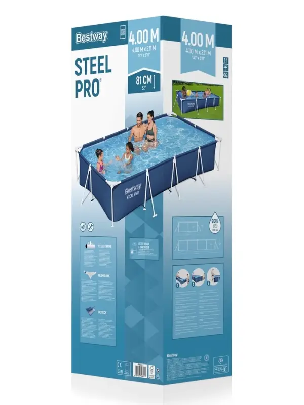 Бассейн каркасный Steel Pro, 400&times;211&times;81 см, фильтр-насос, прямоугольный, синий, 56424 Bestway