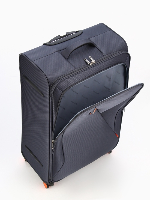 Чемодан 28 Чемодан 28", Текст, 47*31*78, отд на молнии, код замок, 4 колеса, т.серый