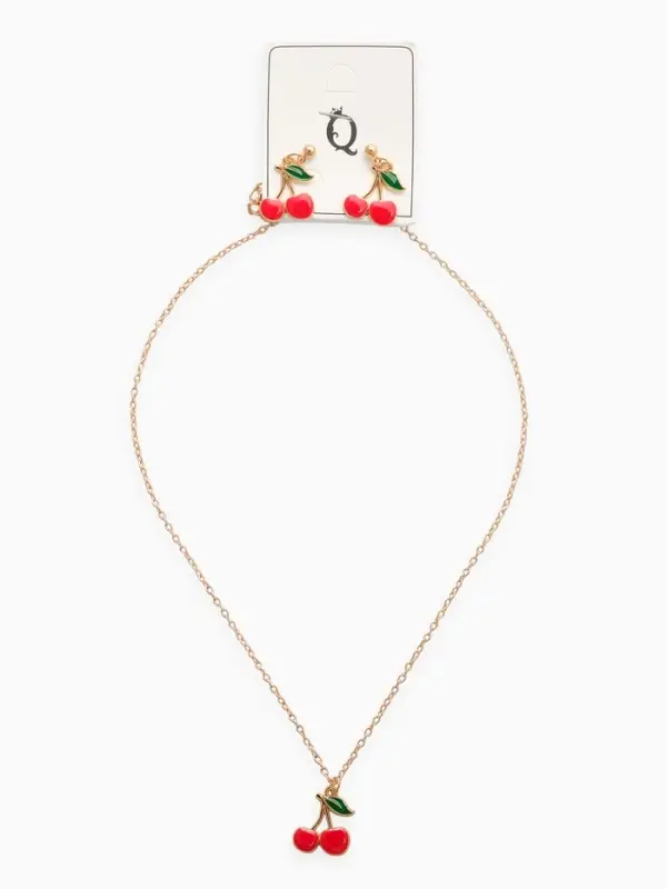 Набор 2 пред-та: серьги,кулон Набор 2 пред-та: серьги,кулон "Вишенки", цвет красный в золоте 44+удл.