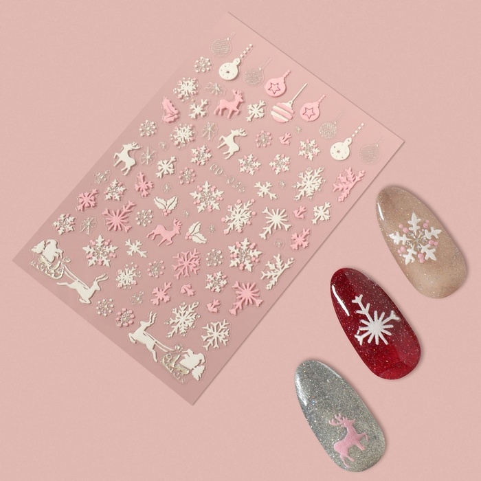 Новый год! Наклейки для ногтей «Снежики», объёмные, цвет белый/розовый