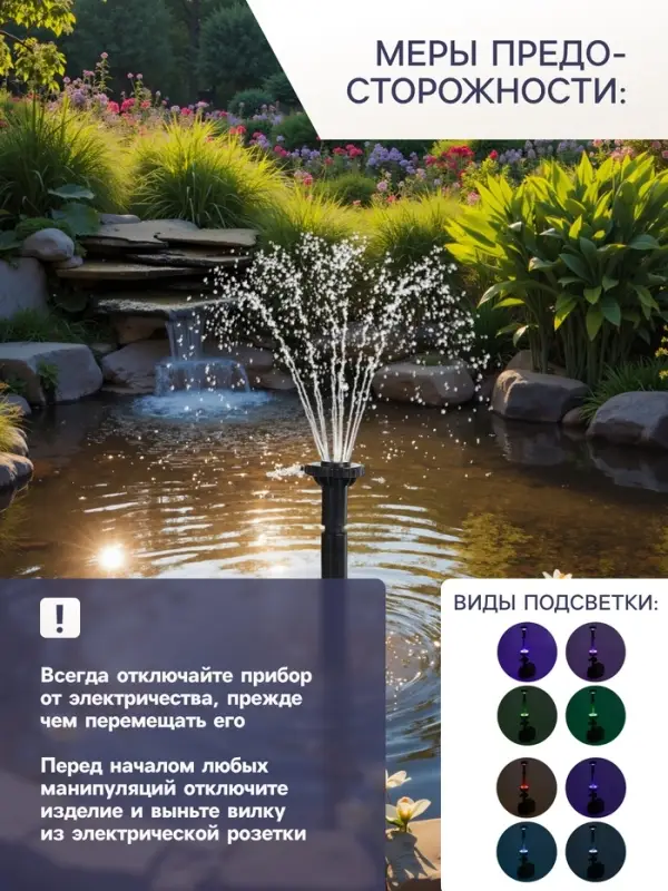 Фонтан садовый с подсветкой LED-3800FP, 40 Вт, h=2 м, 2000 л/ч, 15 LED-ламп