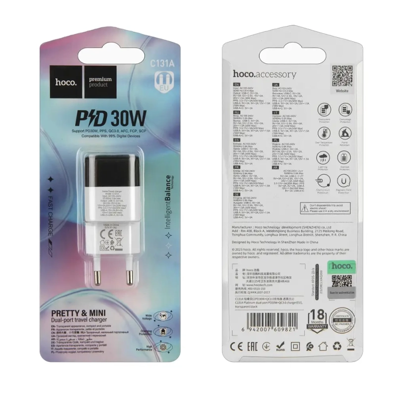 Переходник C131A СЗУ на USB + Type-C 3A PD30W HOCO черно-белый