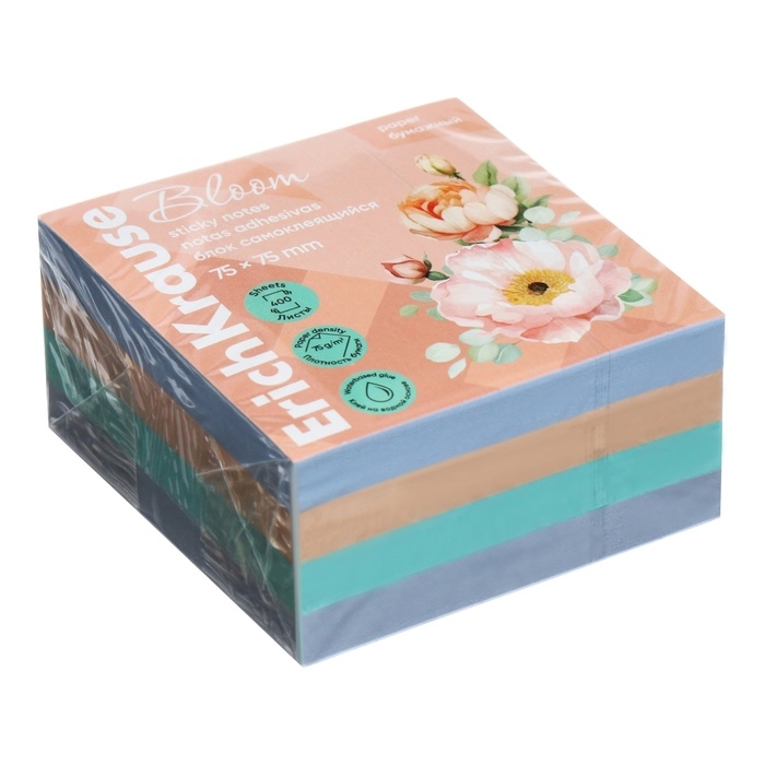 Блок с липким краем бумажный 75х75 мм, ErichKrause  Блок с липким краем бумажный 75х75 мм, ErichKrause "Pastel Bloom", 400 листов, 4 цвета