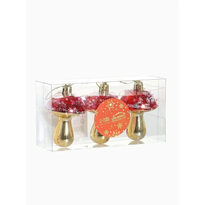 Ёлочные игрушки 3 шт. &laquo;Праздничные грибочки&raquo; 4.5&times;6 см, золотисто-красный