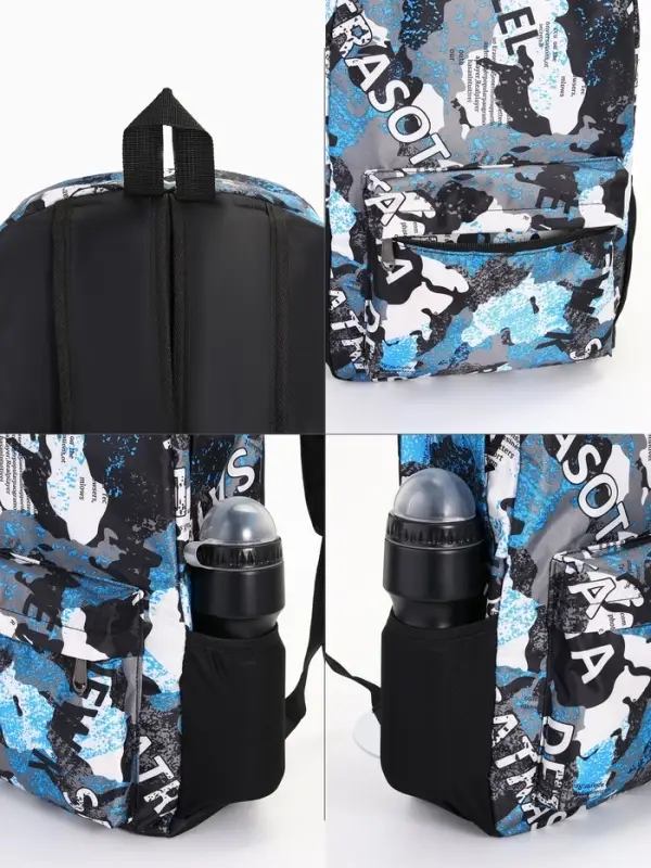 Рюкзак школьный на молнии, с карманами, с принтом, размер 30&times;13&times;42 см, голубой/серый