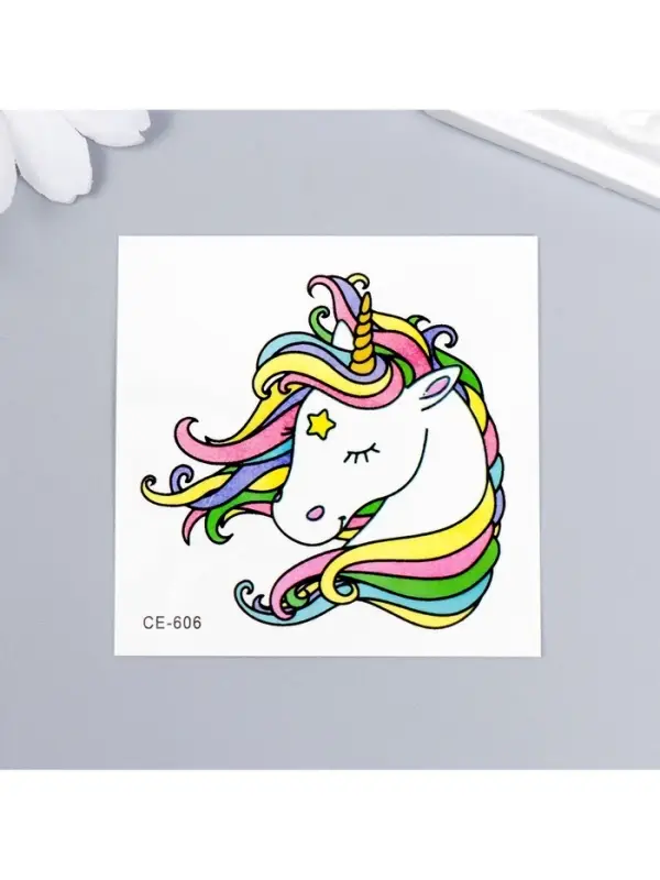 Переводная тату на тело цветная «Единорог с радужной гривой», 6×6 см