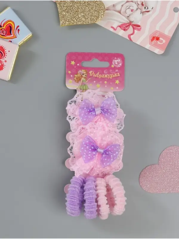 Резинка для волос «Кружево», банты, набор 6 шт., розово-сиреневая Резинка для волос «Кружево», банты, набор 6 шт., розово-сиреневая