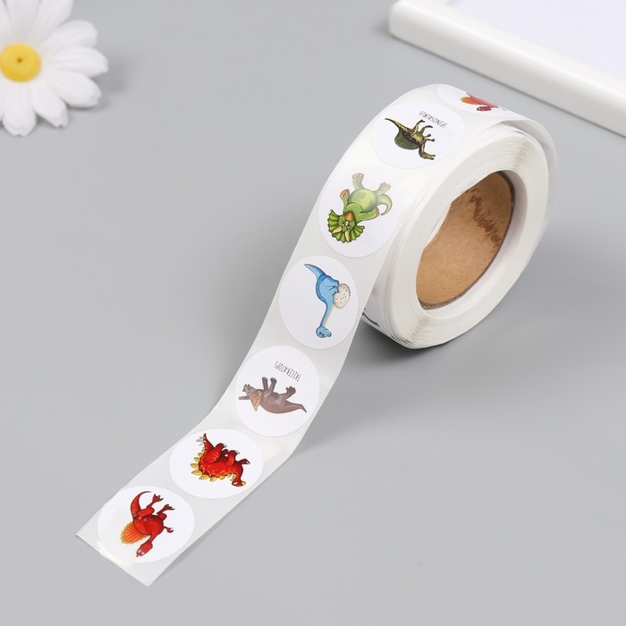 Наклейка бумага Наклейка бумага "Динозаврики" d=2,5 см 500 шт в рулоне