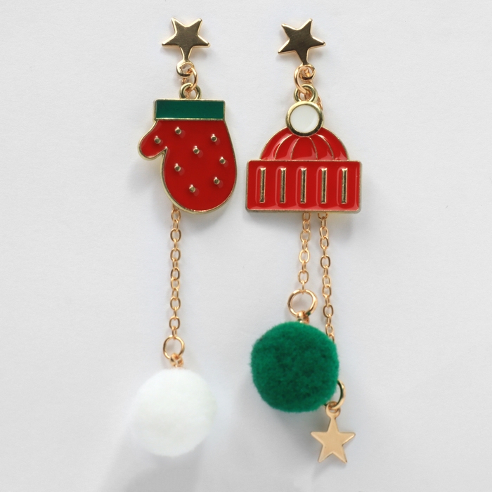 Новый год! Серьги «Новогодние» висячие, шапка, цветные в золоте Новый год! Серьги «Новогодние» висячие, шапка, цветные в золоте