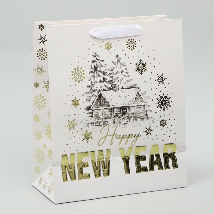 Пакет подарочный новогодний ламинированный вертикальный, конгревное тиснение «Новогодний домик», ML 23 х 27 х 11.5 см, Новый год Пакет подарочный новогодний ламинированный вертикальный, конгревное тиснение «Новогодний домик», ML 23 х 27 х 11.5 см, Новый год