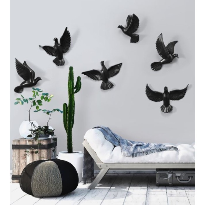 Декорация настенная панно Декорация настенная панно "Птички" 6 штук 14 х 23.5 х 6 см, черный