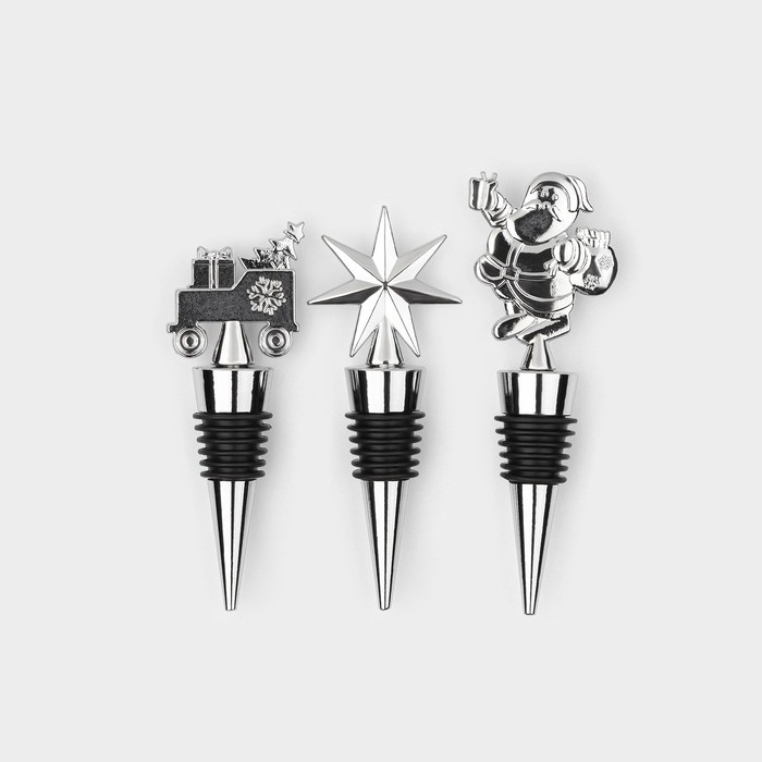 Набор пробок для бутылок Доляна «Новогодний», 3 шт, цвет серебристый Набор пробок для бутылок Доляна «Новогодний», 3 шт, цвет серебристый