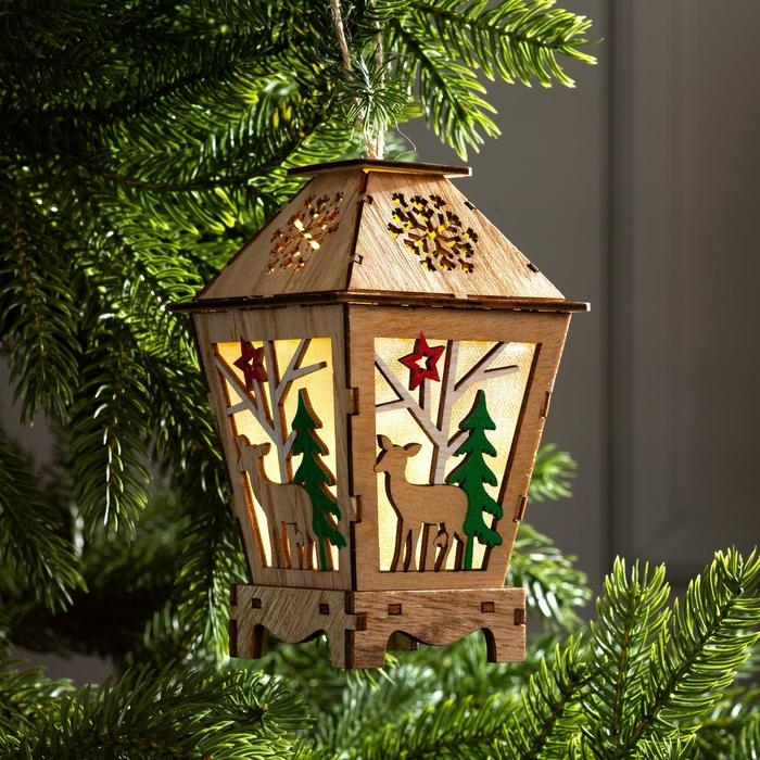 Ёлочная игрушка «Фонарь с оленем», от батареек, свечение тёплое белое Ёлочная игрушка «Фонарь с оленем», от батареек, свечение тёплое белое