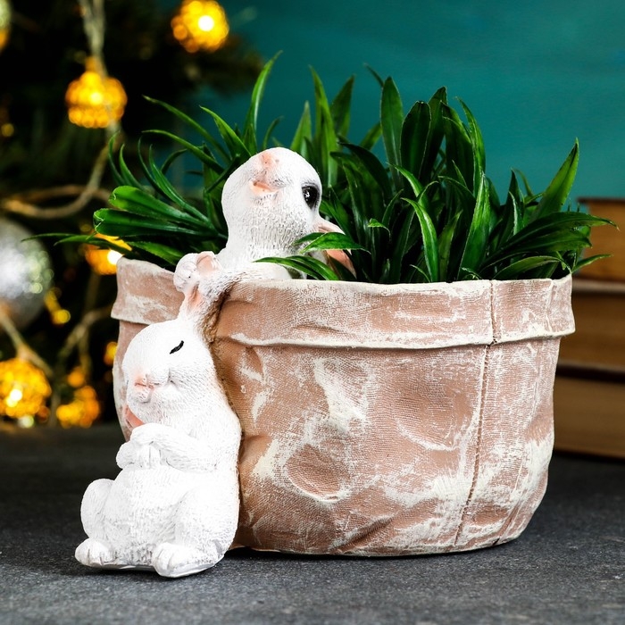Кашпо-органайзер  Кашпо-органайзер "Кролик в лукошке" бежевый, 14х17х20 см