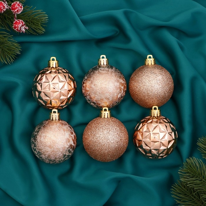 Набор шаров пластик d-6 см, 6 шт Набор шаров пластик d-6 см, 6 шт "Элит узоры" золото