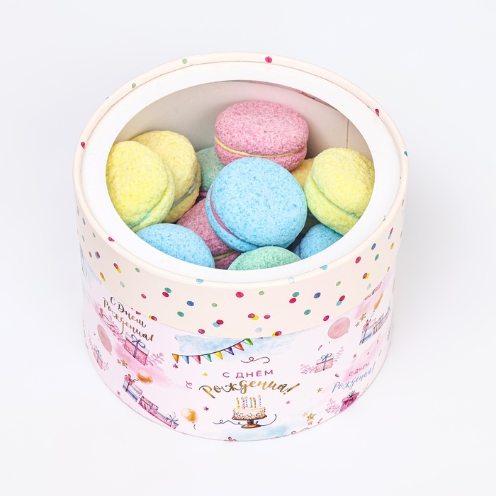 Коробка для макарун тубус с окном Коробка для макарун тубус с окном " С Днем Рождения!" 16 х 16 х 9 см