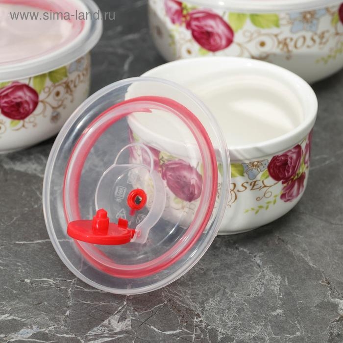 Набор салатников керамических с вакуумными крышками &laquo;Розалинда&raquo;, 3 предмета: 250 мл, 550 мл, 850 мл, d=15/13/9,5/ см