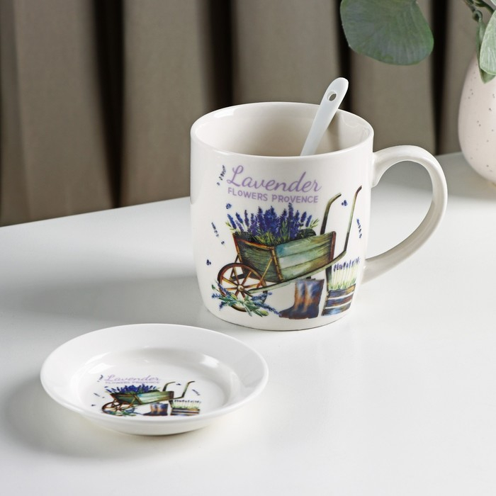Кружка керамическая с ложкой на подставке &laquo;Лаванда&raquo;, 330 мл, рисунок МИКС