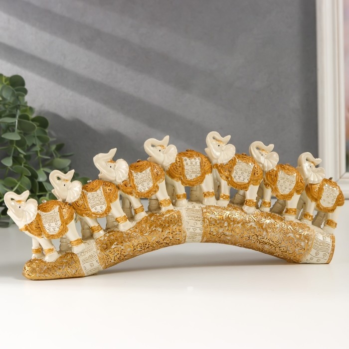 Сувенир полистоун Сувенир полистоун "Семь белых слонов в золотых попонах на резном бивне" 11х3,5х28,5 см