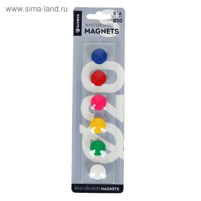 Магниты для досок Globus 20 мм, 6 штук, цветные, в блистере Магниты для досок Globus 20 мм, 6 штук, цветные, в блистере