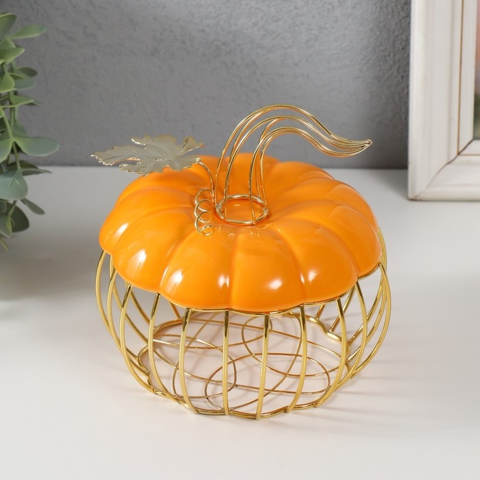 Шкатулка металл, керамика Шкатулка металл, керамика "Тыква с листочком" оранжевая с золотом 14х14х13 см