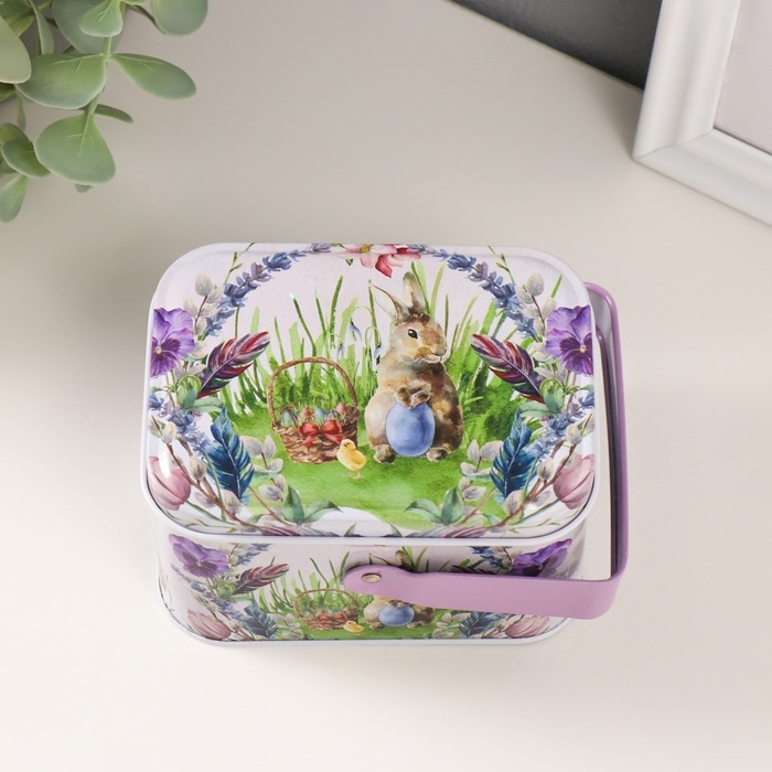 Шкатулка металл с ручкой Шкатулка металл с ручкой "Кролик с цыплёнком" 10,5х7,8х6,4 см