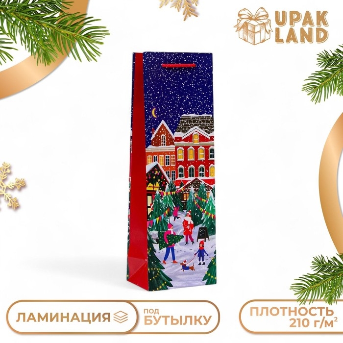 Новый год. Пакет подарочный новогодний под бутылку, упаковка  Новый год. Пакет подарочный новогодний под бутылку, упаковка "Праздник в городе", 12 х 36 х 8,5 см.