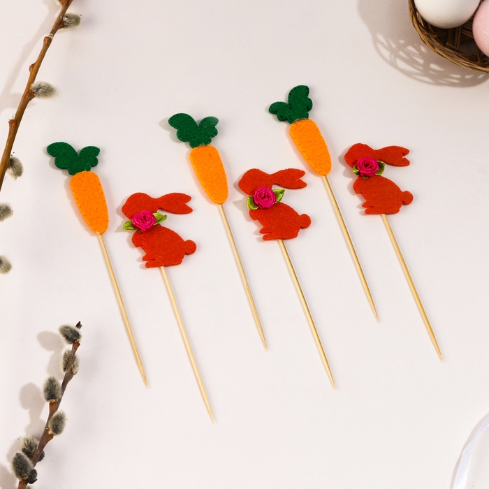 Топпер &laquo;Заяц&raquo;, с бантиком и морковкой, набор 6 шт.