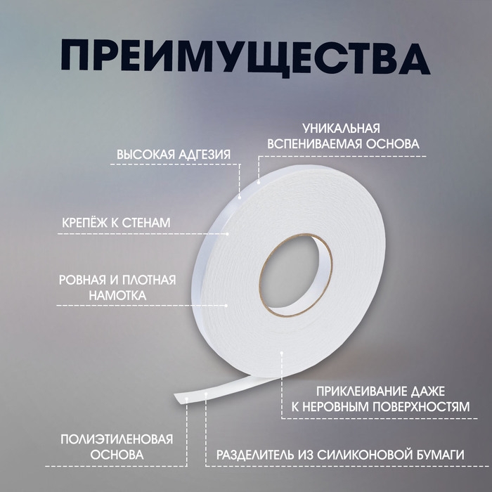 Лента двусторонняя ТУНДРА, клейкая, на вспененной основе, 800 мкм, 19 мм х 25 м