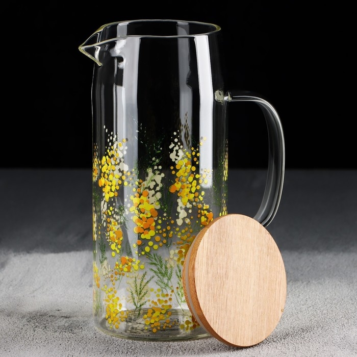 Кувшин стеклянный с бамбуковой крышкой «Нежная мимоза», 1000 мл, с крышкой Кувшин стеклянный с бамбуковой крышкой «Нежная мимоза», 1000 мл, с крышкой